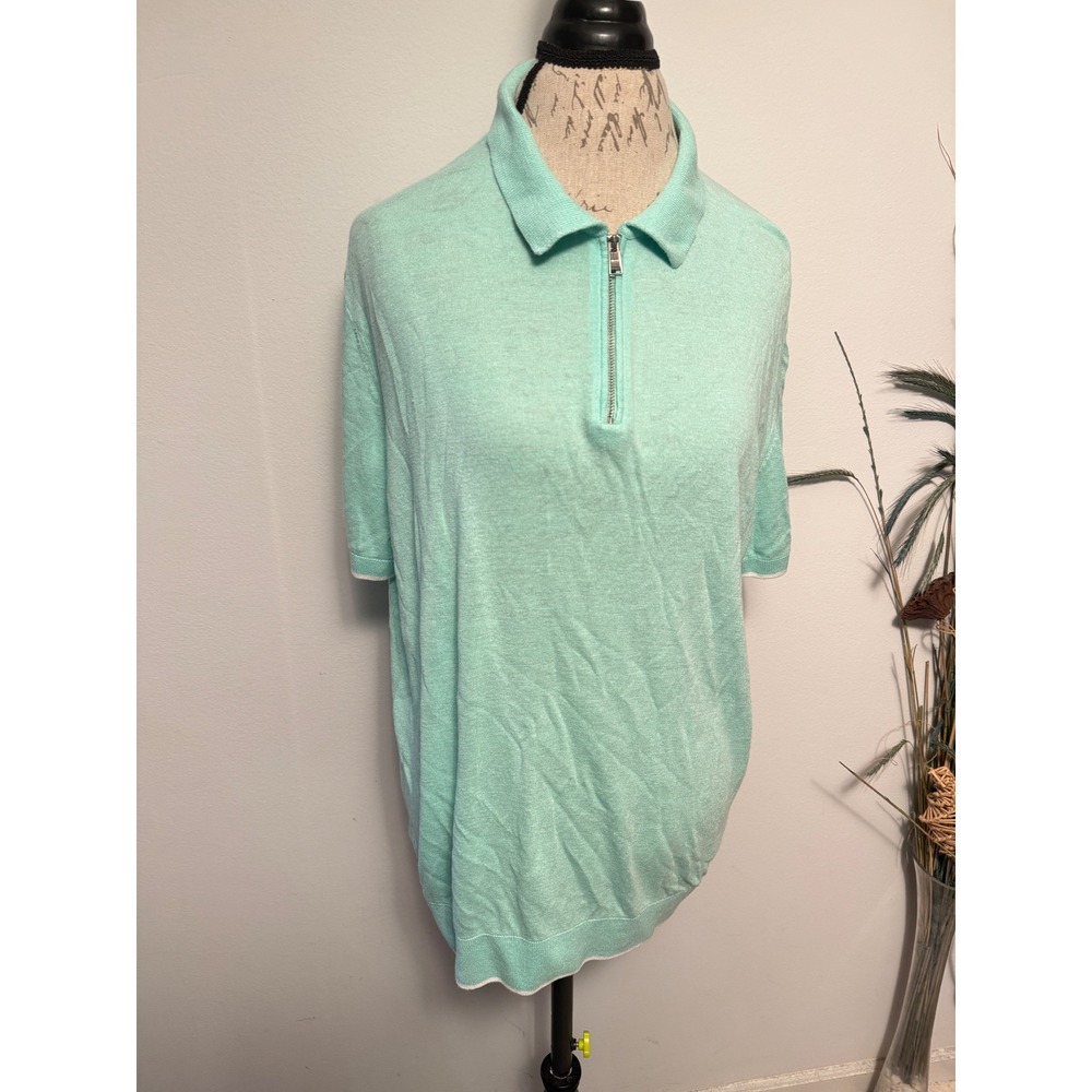 Hugo Boss Mens XL Mint Green Linen Blend Quarter Zip Short Sleeve Polo Sweater